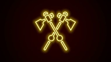 Parlayan neon hattı, siyah arkaplanda izole edilmiş ortaçağ eksen simgesini geçti. Savaş baltası, cellat baltası. Ortaçağ silahı. 4K Video hareketli grafik canlandırması