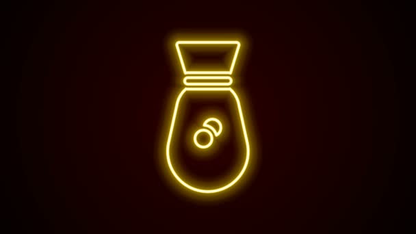 Ragyogó neon vonal Régi pénzes táska ikon elszigetelt fekete háttérrel. Készpénz Banking pénznem jel. 4K Videó mozgás grafikus animáció — Stock videók