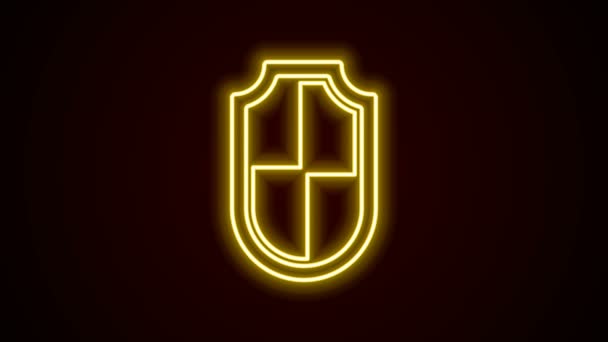 Gloeiende neon lijn Shield pictogram geïsoleerd op zwarte achtergrond. Bewakingsteken. Beveiliging, veiligheid, bescherming, privacy concept. 4K Video motion grafische animatie — Stockvideo