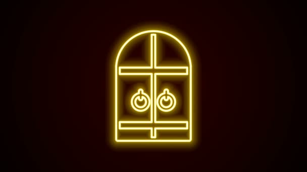 Zářící neonová linie Středověké hradní brány ikona izolované na černém pozadí. Středověká pevnost. Ochrana před nepřáteli. Grafická animace pohybu videa 4K — Stock video