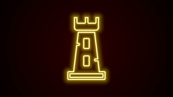 Icono de torre de castillo de línea de neón brillante aislado sobre fondo negro. Signo de fortaleza. Animación gráfica de vídeo 4K — Vídeos de Stock