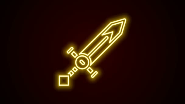 Linha de néon brilhante ícone da espada medieval isolado no fundo preto. Arma medieval. Animação gráfica em movimento de vídeo 4K — Vídeo de Stock