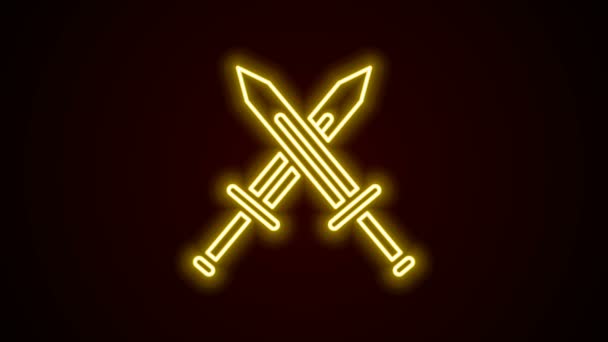 Glowing neon line Crossed medieval sword icon isolated on black background. Medieval weapon. 4K Video motion graphic animation — Stock Video