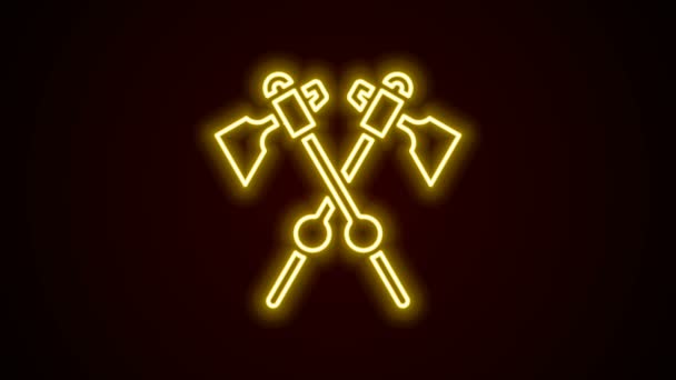 Glowing neon line Crossed medieval axes icon isolated on black background. Battle axe, executioner axe. Medieval weapon. 4K Video motion graphic animation — Stock Video