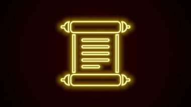 Parlayan neon çizgisi Kararname, kağıt, parşömen, parşömen simgesi siyah arkaplanda izole edilmiş. 4K Video hareketli grafik canlandırması