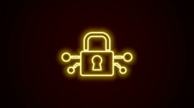 Parlayan neon hattı siber güvenlik simgesi siyah arkaplanda izole edildi. Dijital devre kartında kapalı asma kilit. Güvenlik kavramı. Dijital veri koruması. 4K Video hareketli grafik canlandırması
