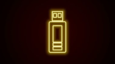 Parlayan neon hattı USB flash disk simgesi siyah arkaplanda izole edildi. 4K Video hareketli grafik canlandırması