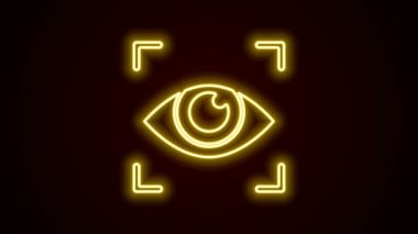 Parlayan neon çizgisi göz tarama simgesi siyah arkaplanda izole edildi. Göz taraması yapılıyor. Güvenlik kontrol sembolü. Siber göz işareti. 4K Video hareketli grafik canlandırması