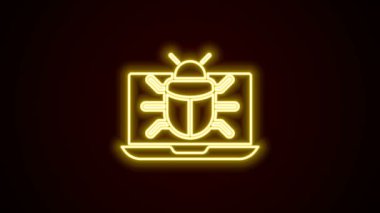 Siyah arkaplanda izole edilmiş monitör simgesindeki parlak neon hattı sistem hatası. Kod hatası konsepti. Sistemde hata var. Böcek araması. 4K Video hareketli grafik canlandırması