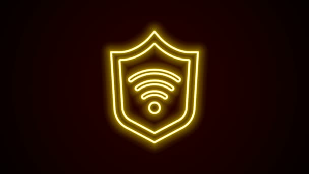 Gloeiende neon lijn Shield met WiFi draadloos internet netwerk symbool pictogram geïsoleerd op zwarte achtergrond. Veiligheidsconcept voor bescherming. 4K Video motion grafische animatie — Stockvideo