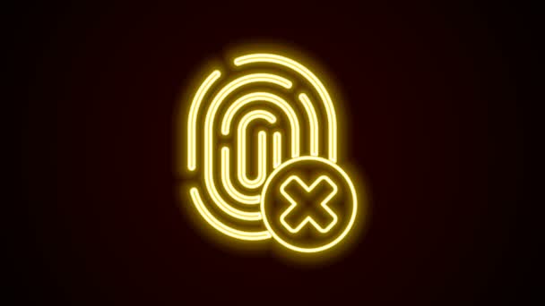 Glowing neon line Cancelled fingerprint icon isolated on black background. Access denied for user concept. Error, fraud. Identification sign. Touch id. 4K Video motion graphic animation — Stock Video
