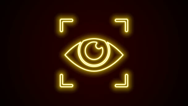 Línea de neón brillante Icono de exploración ocular aislado sobre fondo negro. Ojo escáner. Comprobación de seguridad. Signo cibernético. Animación gráfica de vídeo 4K — Vídeos de Stock