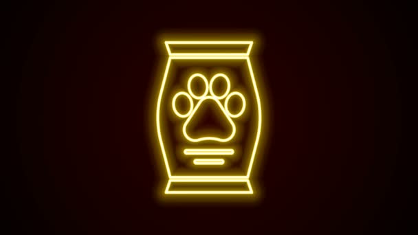 Glowing neon line Bag of food for dog icon isolated on black background. Dog or cat paw print. Food for animals. Pet food package. 4K Video motion graphic animation — Stock Video