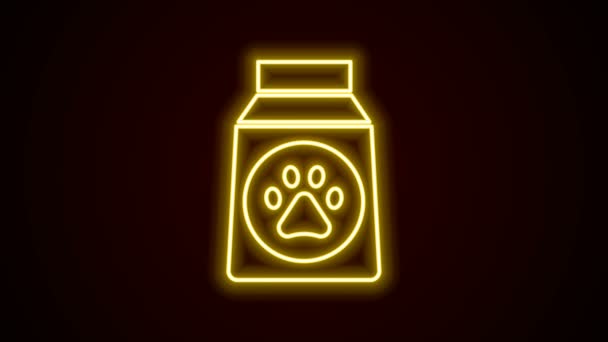 Świecący neon linii Torba żywności dla ikony psa izolowane na czarnym tle. Odcisk palca psa lub kota. Jedzenie dla zwierząt. Paczka karmy dla zwierząt. 4K Animacja graficzna ruchu wideo — Wideo stockowe