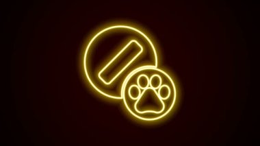 Parlayan neon hattı köpek hapı ikonu siyah arka planda izole edildi. Hayvan için reçeteli ilaç. 4K Video hareketli grafik canlandırması