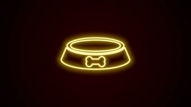 Siyah arka planda izole edilmiş kedi ya da köpek ikonu için parlayan neon hattı evcil hayvan yemek kasesi. Köpek kemiği işareti. 4K Video hareketli grafik canlandırması