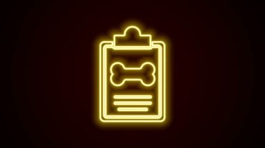 Siyah arka planda izole edilmiş tıbbi klinik evcil hayvan ikonu olan parlak neon çizgi panosu. Sağlık sigortası formu. Tıbbi kontrol işaretleri raporu. 4K Video hareketli grafik canlandırması