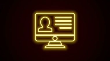 Siyah arkaplanda izole edilmiş özgeçmiş simgesiyle parlayan neon hattı bilgisayar monitörü. Özgeçmiş başvurusu. Profesyonel personel aranıyor. Personel analizi devam ediyor. 4K Video hareketli grafik canlandırması