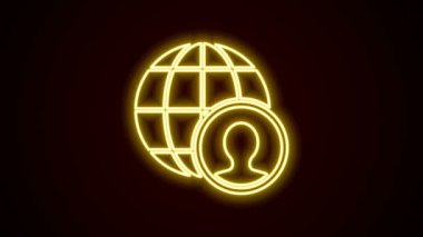 Parlayan neon hattı Globe ve siyah arka planda izole edilmiş insan ikonu. Küresel iş sembolü. Sosyal ağ simgesi. 4K Video hareketli grafik canlandırması