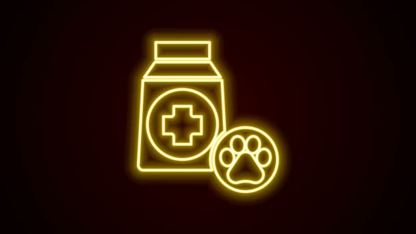Linha de néon brilhante Saco de comida para o ícone do cão isolado no fundo preto. Impressão de pata de cão ou gato. Comida para animais. Pacote de alimentos para animais. Animação gráfica em movimento de vídeo 4K — Vídeo de Stock