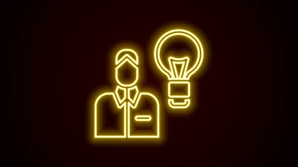 Glowing neon line Manusia dengan ikon bohlam lampu terisolasi pada latar belakang hitam. Konsep dari ide. Animasi grafis gerak Video 4K — Stok Video