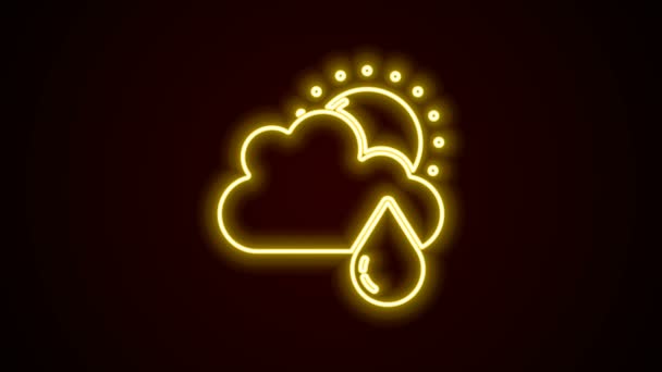 Ragyogó neon vonal Felhő eső és a nap ikon elszigetelt fekete háttérrel. Esőfelhő csapadék esőcseppekkel. 4K Videó mozgás grafikus animáció — Stock videók