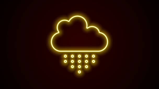 Gloeiende neon lijn Wolk met regenpictogram geïsoleerd op zwarte achtergrond. Regenwolk neerslag met regendruppels. 4K Video motion grafische animatie — Stockvideo