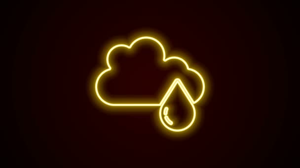 Gloeiende neon lijn Wolk met regenpictogram geïsoleerd op zwarte achtergrond. Regenwolk neerslag met regendruppels. 4K Video motion grafische animatie — Stockvideo