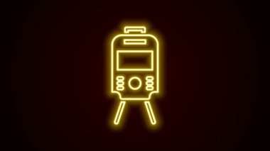 Parlayan neon hattı Tram ve demiryolu ikonu siyah arka planda izole edildi. Toplu taşıma sembolü. 4K Video hareketli grafik canlandırması