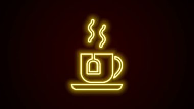 Siyah arka planda izole edilmiş çay poşeti ikonu olan parlak neon çizgili bir fincan çay. 4K Video hareketli grafik canlandırması