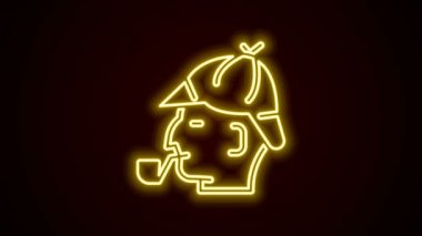 Siyah arka planda izole edilmiş tüten pipo ikonu ile parlayan neon hattı Sherlock Holmes. - Dedektif. 4K Video hareketli grafik canlandırması