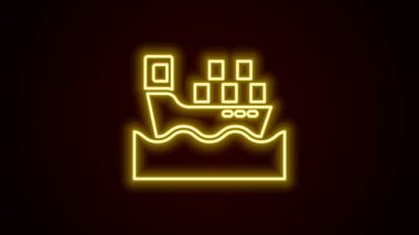 Siyah arkaplanda kutulu dağıtım ikonu olan parlak neon hattı kargo gemisi. Teslimat, ulaşım. Paketleri, kutuları, malları olan bir şilep. 4K Video hareketli grafik canlandırması