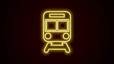 Parlayan neon hattı tren ve demiryolu ikonu siyah arka planda izole edildi. Toplu taşıma sembolü. Metro treni nakliyesi. Metro yeraltı. 4K Video hareketli grafik canlandırması