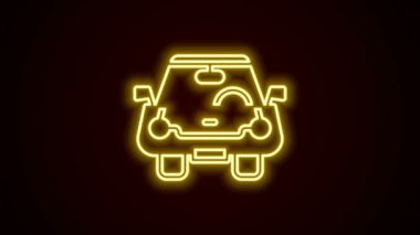 Parlayan neon hattı siyah arka planda izole edilmiş bir araba simgesi. Ön manzara. 4K Video hareketli grafik canlandırması