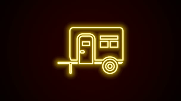 Lumineux néon ligne Rv Camping remorque icône isolée sur fond noir. Voyage mobile home, caravane, camping-car pour les voyages. Animation graphique de mouvement vidéo 4K — Video