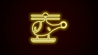 Parlayan neon hattı helikopter aracı simgesi siyah arkaplanda izole edildi. 4K Video hareketli grafik canlandırması