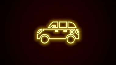 Parlayan neon hattı Hatchback araba simgesi siyah arkaplanda izole edildi. 4K Video hareketli grafik canlandırması