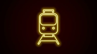 Parlayan neon hattı tren ve demiryolu ikonu siyah arka planda izole edildi. Toplu taşıma sembolü. Metro treni nakliyesi. Metro yeraltı. 4K Video hareketli grafik canlandırması