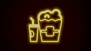Karton kutuda parlak neon hattı patlamış mısır ve siyah arka planda izole edilmiş saman ve su ikonu içen kağıt bardak. Soda bardağı. 4K Video hareketli grafik canlandırması