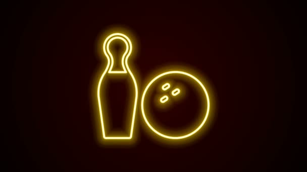 Brillante línea de neón Bowling pin y bola icono aislado sobre fondo negro. Equipamiento deportivo. Animación gráfica de vídeo 4K — Vídeo de stock