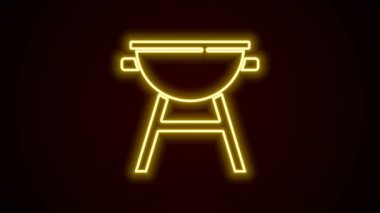 Parlayan neon hattı ızgara ikonu siyah arkaplanda izole edildi. Barbekü ızgara partisi. 4K Video hareketli grafik canlandırması