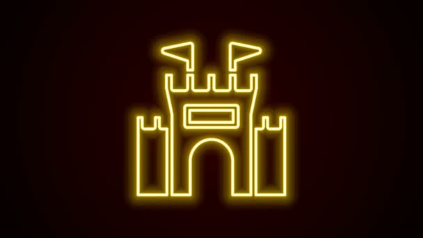 Linha de néon brilhante ícone do castelo isolado no fundo preto. Animação gráfica em movimento de vídeo 4K — Vídeo de Stock