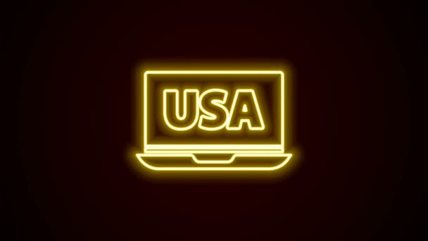 Gloeiende neon lijn USA Verenigde Staten van Amerika op laptop icoon geïsoleerd op zwarte achtergrond. 4K Video motion grafische animatie — Stockvideo