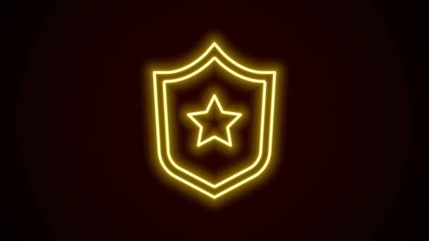 Gloeiende neon lijn Politie badge pictogram geïsoleerd op zwarte achtergrond. Sheriff badge teken. Schild met stersymbool. 4K Video motion grafische animatie — Stockvideo