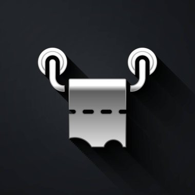 Gümüş tuvalet kağıdı rulosu simgesi siyah arka planda izole edilmiş. Uzun gölge tarzı. Vektör.
