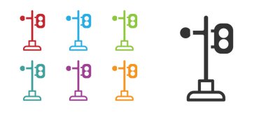 Siyah Tren trafik lambası simgesi beyaz arkaplanda izole edildi. Trenlerin hareketlerini düzenlemek için demiryolu için trafik ışıkları. Simgeleri renklendirin. Vektör.