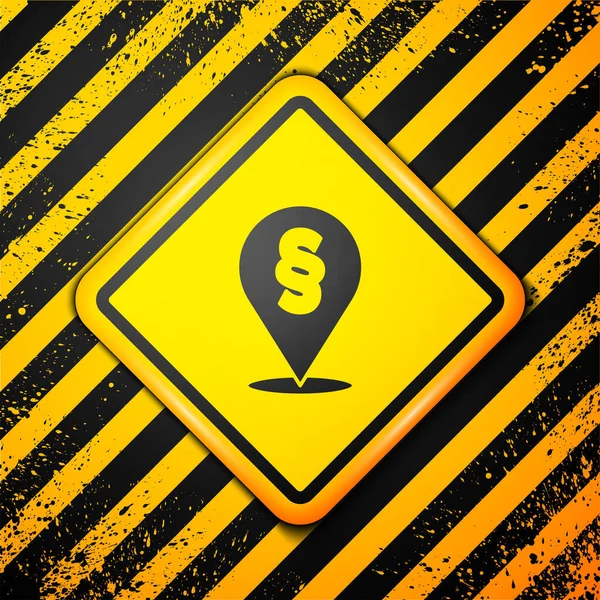 Icono Ley Ubicación Negra Aislado Sobre Fondo Amarillo Señal Advertencia — Vector de stock