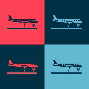 Pop Art Plane simgesi renk arkaplanında izole edildi. Uçan uçak ikonu. Uçak tabelası. Vektör.