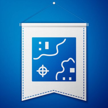 Mavi arka planda izole edilmiş uçak ikonu olan Mavi Dünya seyahat haritası. Beyaz flama şablonu. Vektör.