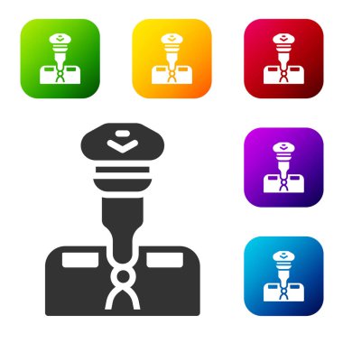 Siyah Pilot simgesi beyaz arkaplanda izole edildi. Renkli kare düğmelerle simgeleri ayarla. Vektör.